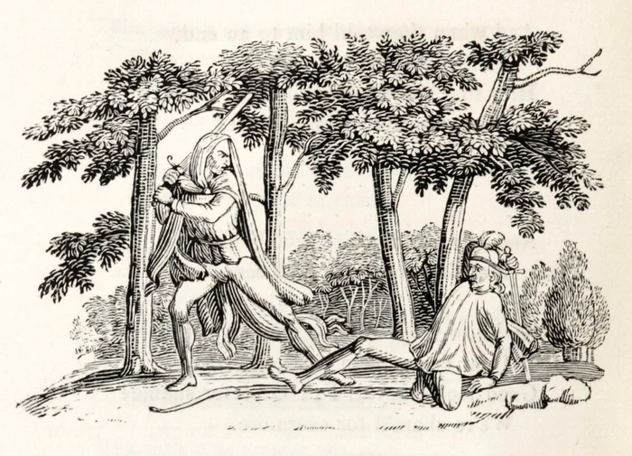 Robin Hood și Guy of Gisborne. Litografie de Thomas Bewick, din 1832 (© Wikimedia Commons)