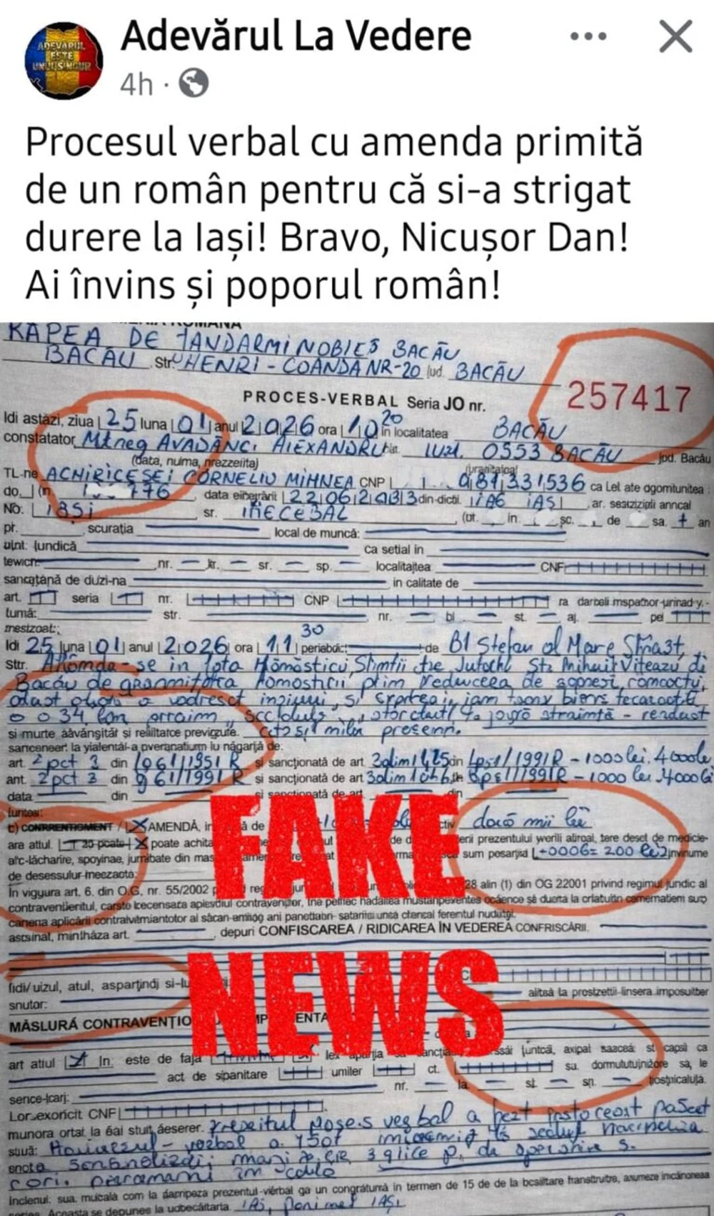 Jandarmeria avertizează asupra unei imagini cu o amendă de 2.000 de lei dată la protestele din 24 ianuarie: Este generată cu AI