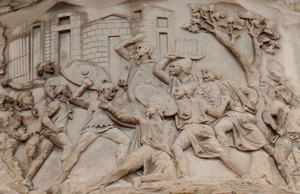 Basorelief de pe Columna lui Traian care indică o luptă între daci și romani 