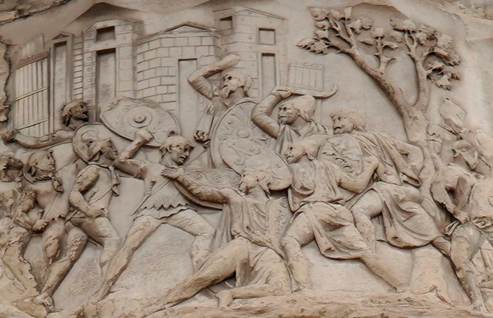 Basorelief de pe Columna lui Traian care indică o luptă între daci și romani