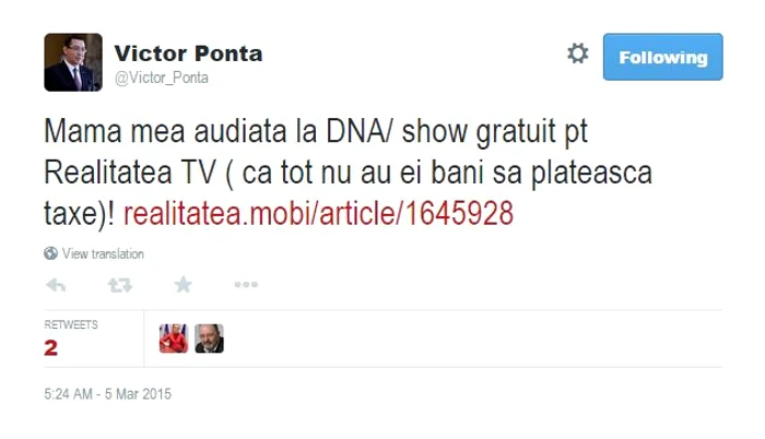 Reacţia lui Victor Ponta a fost publicată pe Twitter