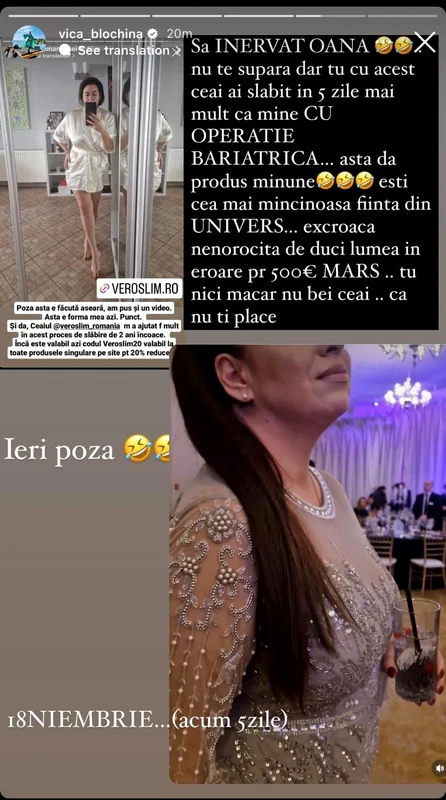 Ultimul mesaj publicat de Vica Blochina ca răspuns Oanei Roman / Foto: Instagram