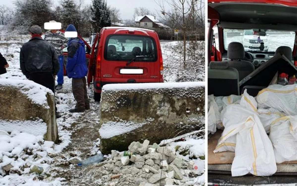 Bărbatul a fost obligat de poliţişti să cureţe zona în care a aruncat deşeurile FOTO Primăria Reşiţa