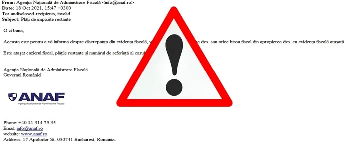 Agenţia Naţională de Administrare Fiscală anunță că un val de mesaje false este transmis prin email în numele instituției, de pe o adresă ce nu aparține ANAF.Foto: Facebook