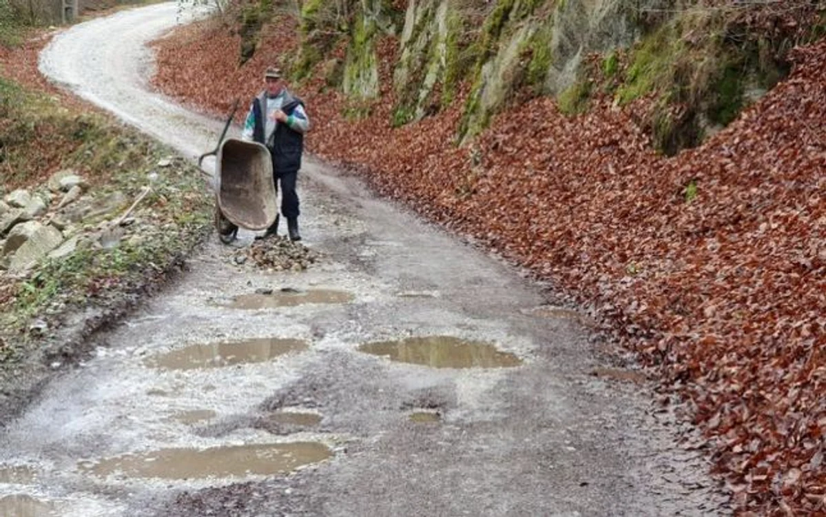 
    Localnicii care s-au săturat să aştepte intervenţia autorităţilor pe un drum judeţean din Munţii Orăştiei au ieşit cu roaba şi lopata pentru a-l reparaFotografii: Fundaţia Dacica  