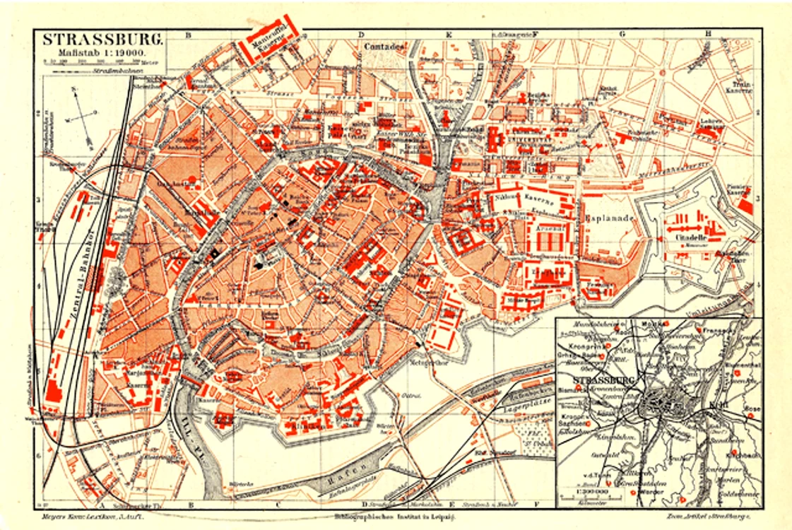 Harta orașului în 1888,  când Strasbourg era parte a Imperiului German