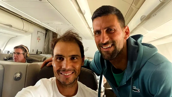 Rafa Nadal și Novak Djokovici, în avionul spre SUA. Foto Instagram