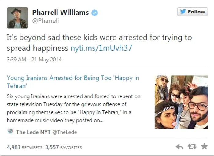 Mesajul postat de Pharrell pe Twitter