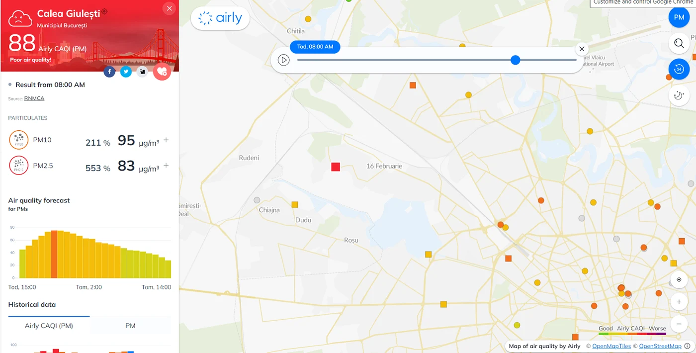 Poluare Calea Giulești, Bucuresti pe 21 decembrie 2023 - Captură  Airly.org 