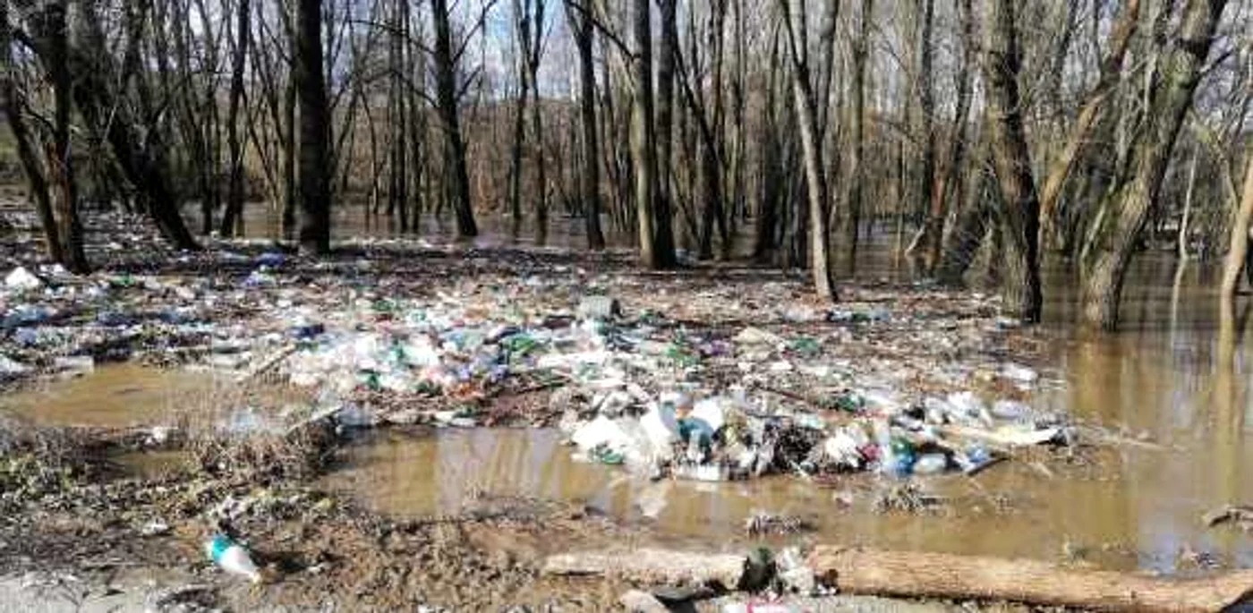 O zonă din localitatea Tismana este inundată din cauza deşeurilor aruncate în cursul de apă