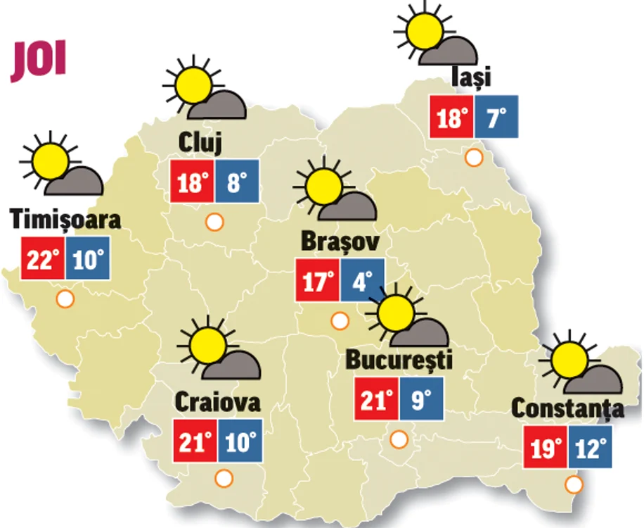 Astăzi, temperaturile vor crește cu câteva grade, dar norii vor persista în partea de nord a teritoriului