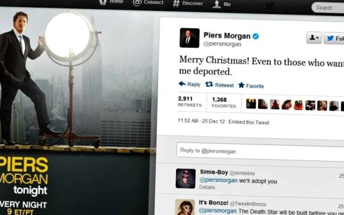 Piers Morgan a comentat pe Twitter petiţia pentru deportarea sa. FOTO Adevărul