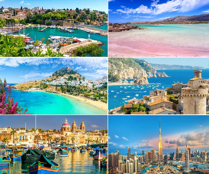 Colaj de imagini cu litoralul turcesc, grecesc, spaniol, maltez și arab Colaj Tourism&DMS