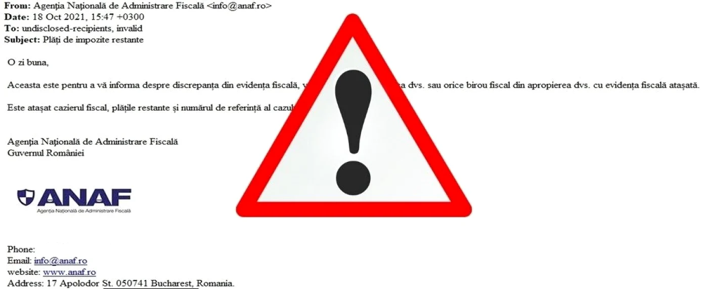 foto document anaf cu semn de atenționare cu semnul exclamării
