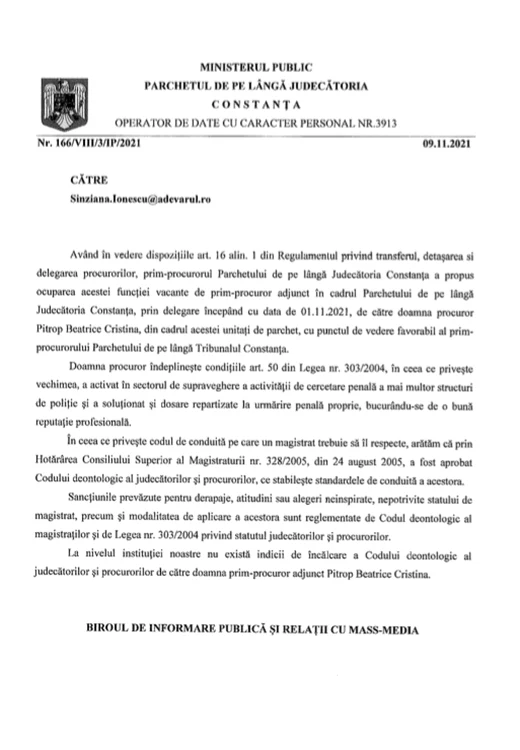 Răspuns Parchet Judecătorie Constanţa despre procuroarea sexi Cristina Beatrice Pitrop 