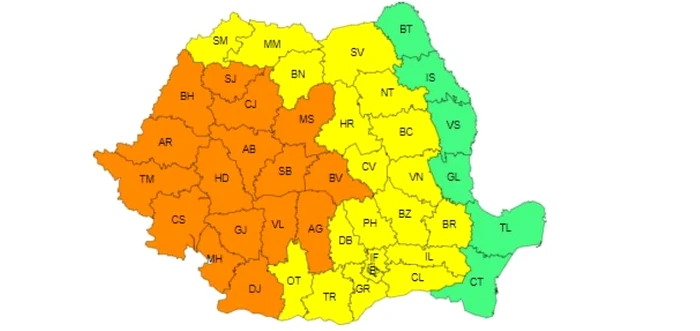 Harta județelor afectate de vremea rea.