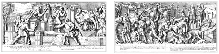 Începând cu secolul al XVI-lea, numerosi învatati au încercat sa descifreze semnificatia istorica a scenelor redate pe Columna lui Traian; gravurile pe care le publicam fac parte din albumul realizat de Petro Sancto Bartoli în anul 1667 si redau scene de lupta din razboaiele daco-romane