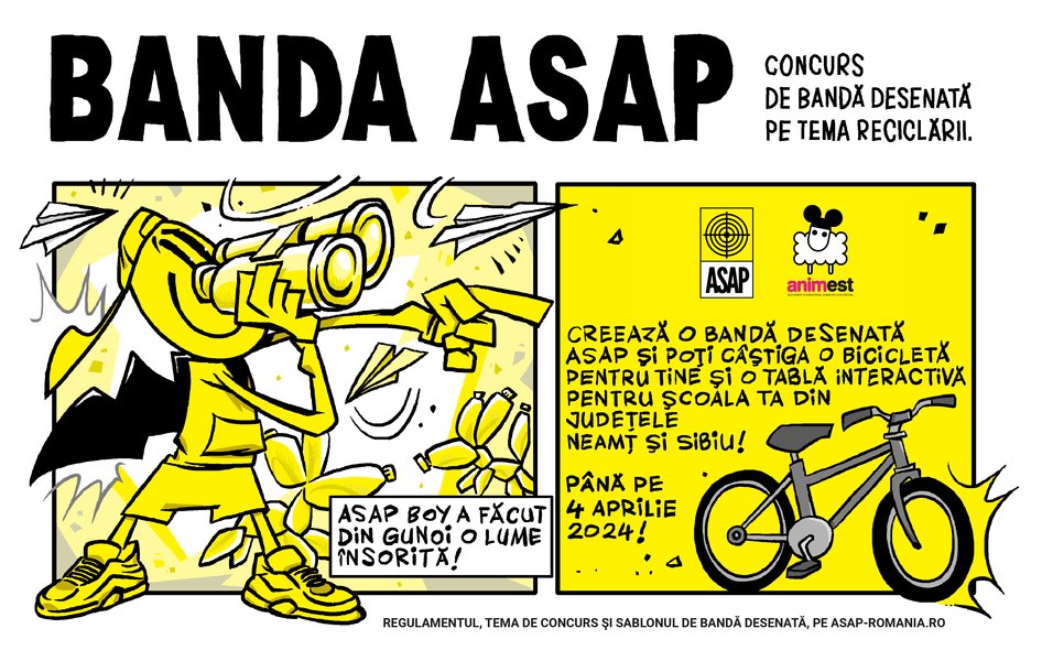 Concurs de benzi desenate cu premii pentru elevii din județele Sibiu și Neamț. ASAP România și Animest îi invită să își imagineze eroul reciclării
