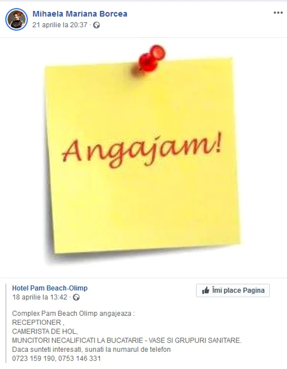 Anunțul de angajare a fost postat și pe pagina de Facebook