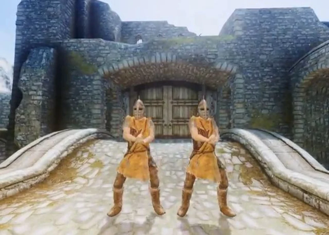 
    Cei doi soldaţi din Whiterun au uitat de dragoni şi de războaiele cu rebelii şi au trecut la dans.  
