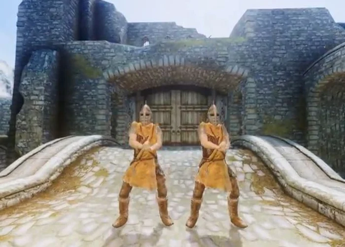 
    Cei doi soldaţi din Whiterun au uitat de dragoni şi de războaiele cu rebelii şi au trecut la dans.  