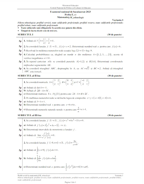 Subiectele de la Matematică la Bac 2023, profil tehnologic
