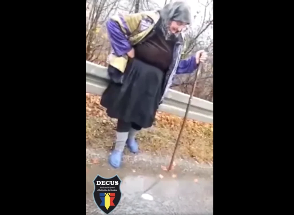 Din imaginile postate de Sindicat se vede cum poliţistul se opreşte în dreptul bărtrânei atunci când o observă pe geam cum se chinuia să care un buştean Foto: Captura video