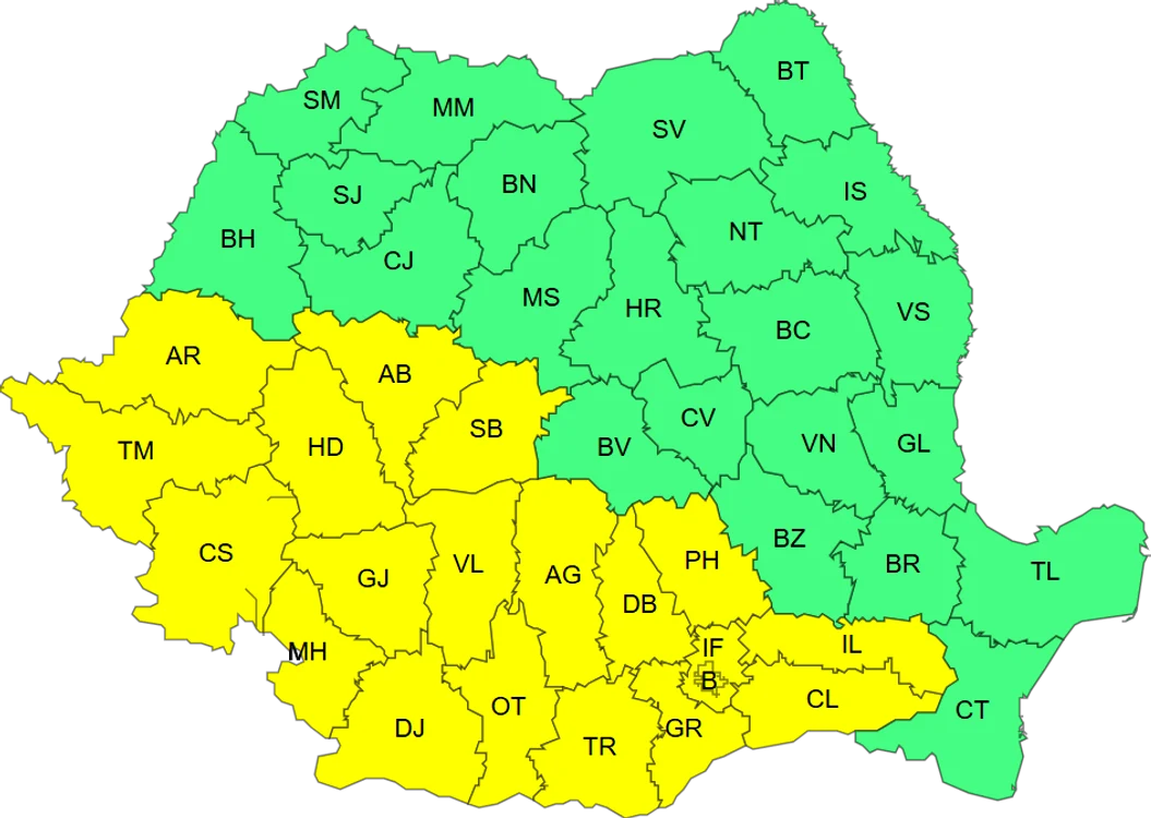 Județele vizate de Codul galben. FOTO ANM