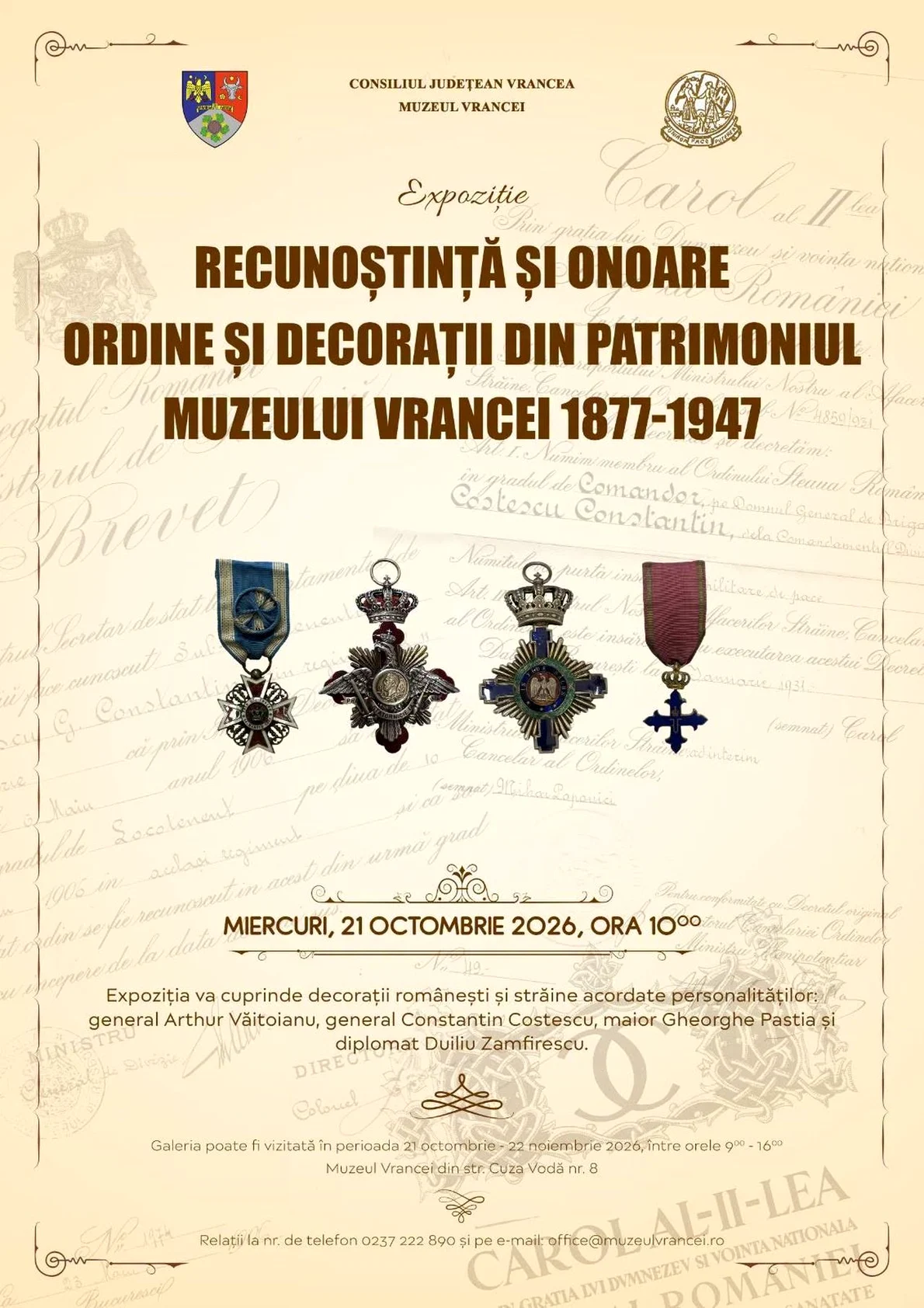 Afișul expoziției  ,,Recunoștință și onoare. Ordine și decorații din patrimoniul Muzeului Vrancei 1877-1947”