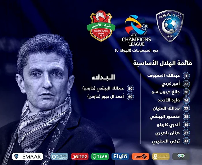 
    La meciul cu  Shabab Al Ahli Dubai, Răzvan Lucescu se baza pe doi portari și nouă jucători de câmpFoto: Facebook/Al-Hilal  