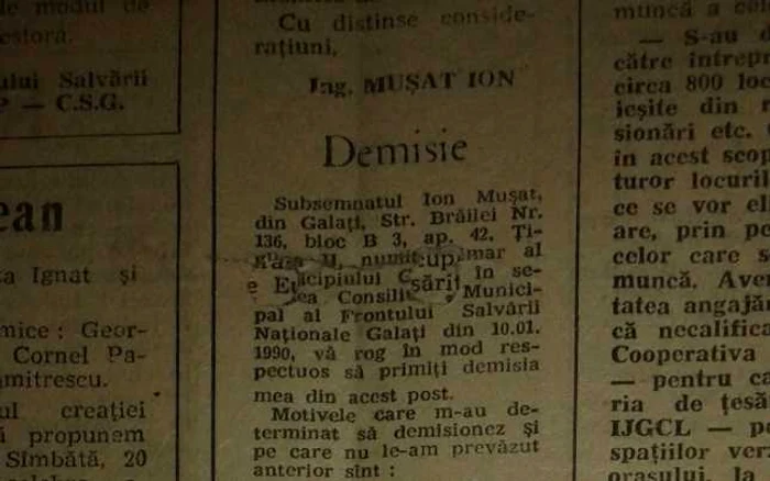 Copie a demisiei publicată în ziarul local Viaţa Liberă din 1990. Foto: Biblioteca VA Urechia