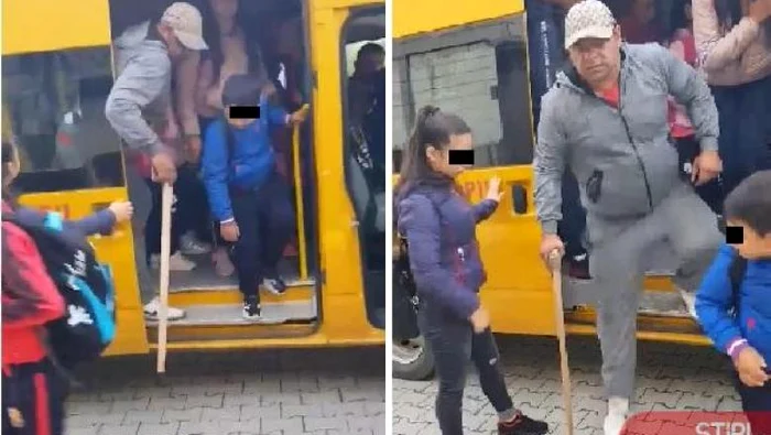 
    Bărbatul este filmat cum coboară din microbuz, tacticos, cu toporul în mână, printre copii Sursa foto: digi24.ro  