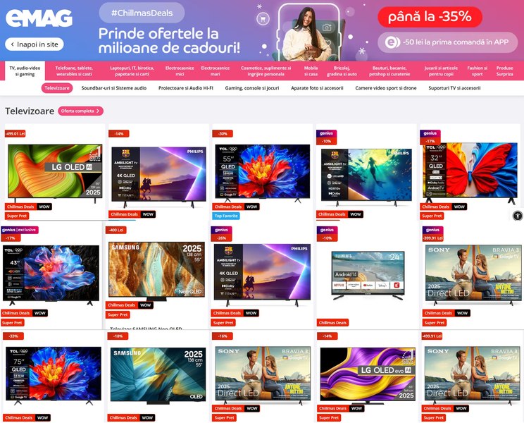 Chillmas Deals 2025 pe eMAG: Top televizoare cu cele mai mari reduceri, de până la 5.000 de lei și calitate premium pentru living și dormitor