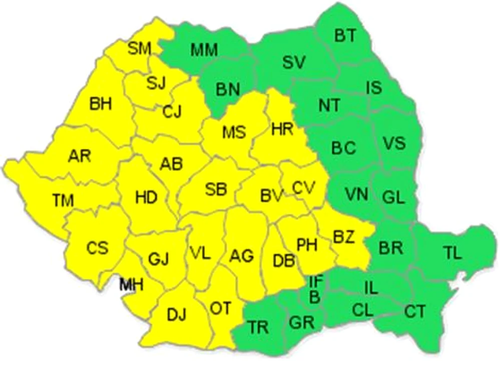 Avertizarea Cod Galben este valabilă în vestul şi sud-vestul ţării, precum şi zonele de deal şi de munte