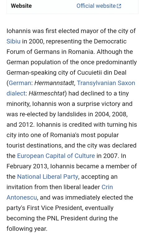 Pe Wikipedia scrie despre Klaus Iohannis că a fost primarul orașului Cucuieții din Deal
