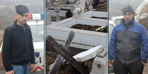 O parte din distrugerile din cimitir şi doi dintre autori FOTO Ciprian Tamaş