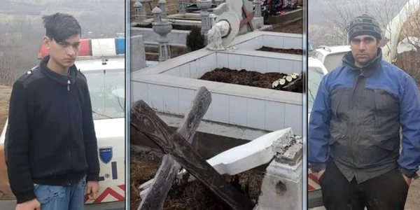 O parte din distrugerile din cimitir şi doi dintre autori FOTO Ciprian Tamaş