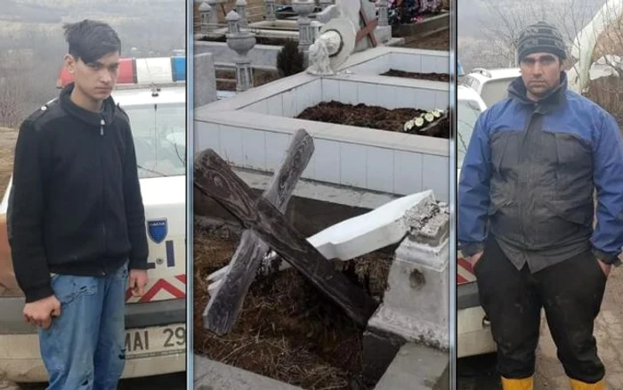 O parte din distrugerile din cimitir şi doi dintre autori FOTO Ciprian Tamaş