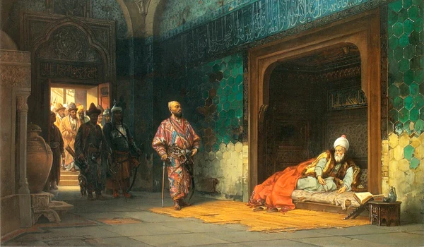 Baiazid, capturat de Timur. Pictură de Stanisław Chlebowski din 1878 (© Wikimedia Commons)