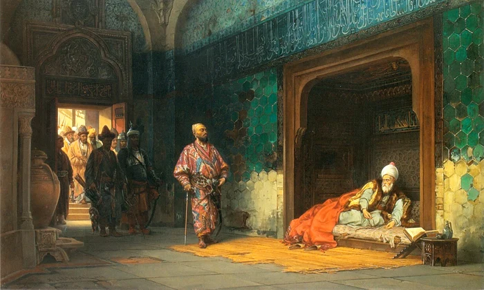 Baiazid, capturat de Timur. Pictură de Stanisław Chlebowski din 1878 (© Wikimedia Commons)