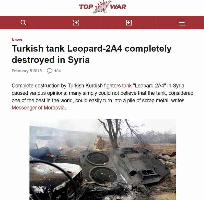 Articolul cu tancul Leopard 2 distrus în 2018 / Foto: Captură