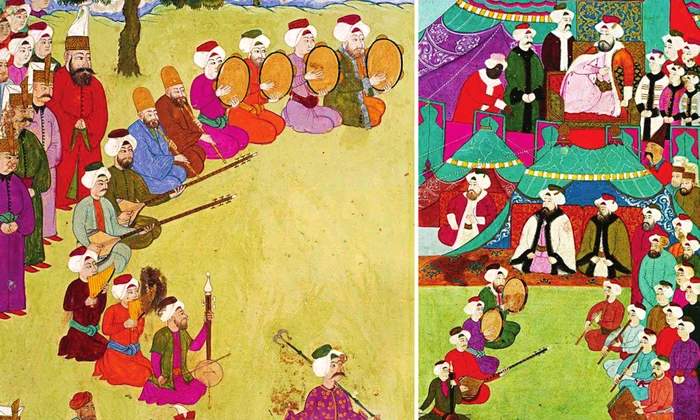 Stânga: Formaţie de muzică clasică otomană condusă de Burnaz Hasan Çelebi, 1720. Dreapta: Formaţie de muzică clasică otomană cântând în faţa sultanului Ahmed al III-lea (© Getty Images) 