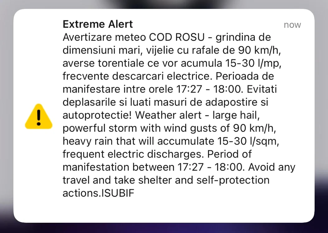 Mesajul RO-Alert privind avertizarea Cod roșu. FOTO Adevărul