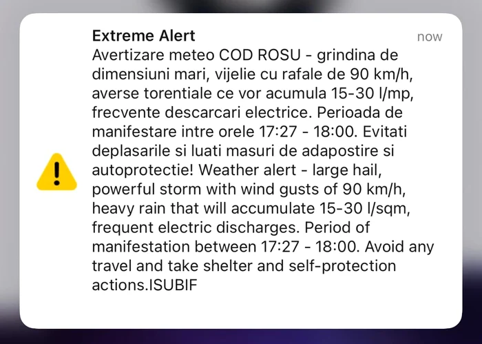Mesajul RO-Alert privind avertizarea Cod roșu. FOTO Adevărul