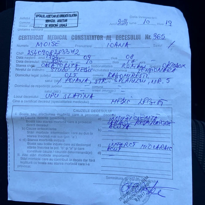 Femeia a suferit un infarct, a stabilit legistul FOTO: sursa M. Roșu
