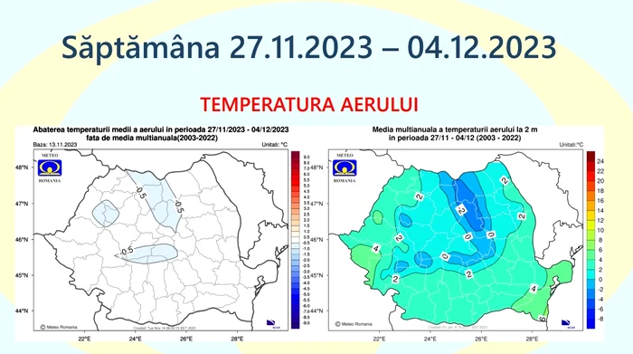 Harta cu temperatura aerului în intervalul 27.11 - 4.12 Foto Meteoromania.ro