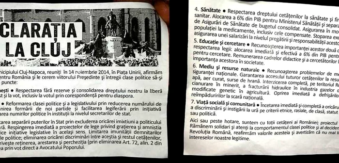 „Declaraţia de la Cluj“, documentul citit cu două zile înainte de alegerile din 16 noiembrie în Piaţa Unirii din Cluj-Napoca a fost urcat pe Facebbok FOTO: Facebook