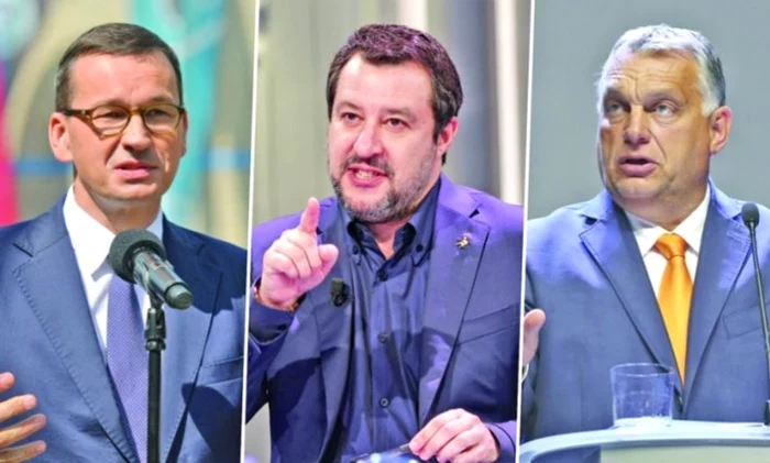 Premierul polonez Mateusz Morawiecki , şeful formaţiunii de extrema dreapa din Italia, Matteo Salvini şi premierul ungar Viktor Orban