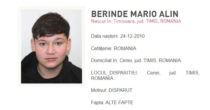Băiatul fusese dat dispărut de mama sa. FOTO: Poliţia Română