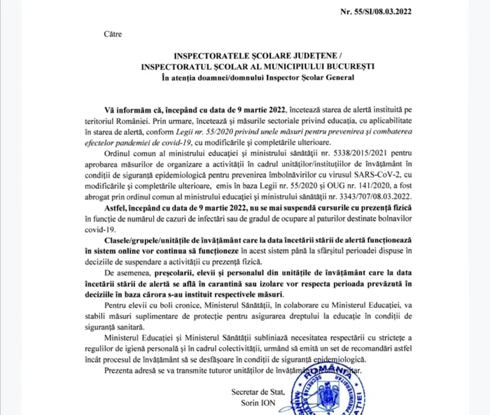 adresa ministerul educaţiei privind ridicarea restricţiilor